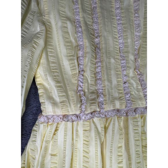 Vintage Prairie Maxi Dress Yellow Lace Trim Long Sleeve Romantic 80s Cottagecore - Picture 11 of 13